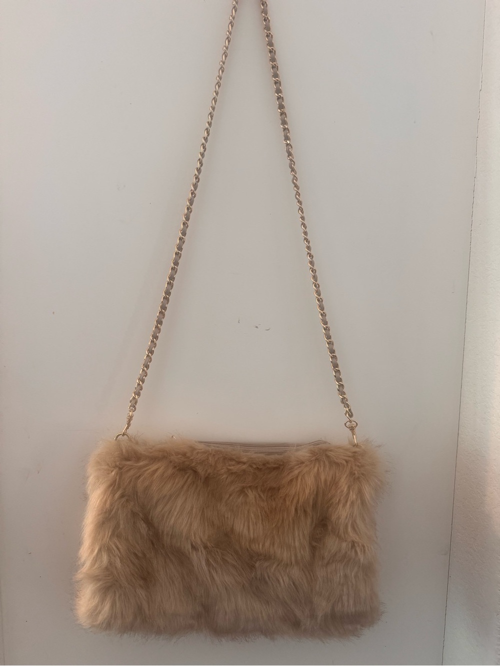 Faux Fur Beige Crossbody Bag with Chain Strap
